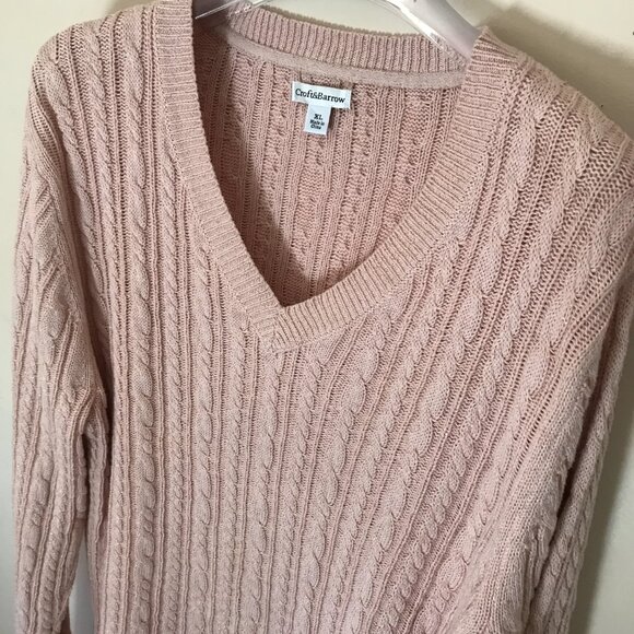 Croft & Barrow Cotton Pink w/ Gold metallic thread V-neck Cable knit Sweater XL - Picture 3 of 5